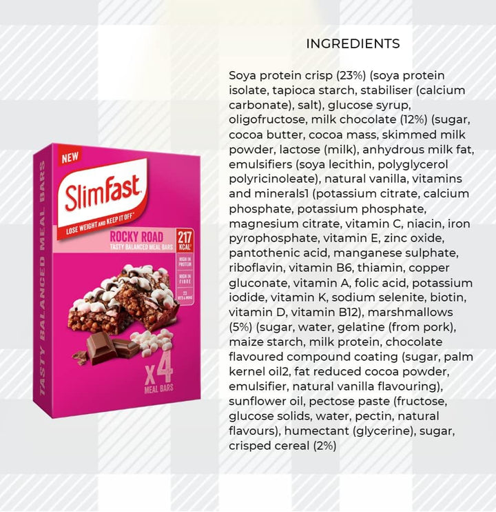 Slim Fast Bundle 16X60Gram Meal Bars in Choc Chip, Orange, Rocky Road and Very Berry Tasty,  for Weight Loss, High in Protein