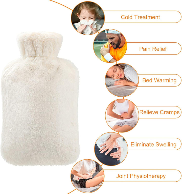 Hot Water Bottle with Fleece Cover, 2L Bag for Cold & Hot Therapy, Fluffy for Back Neck Pain Relief for Adult Kids