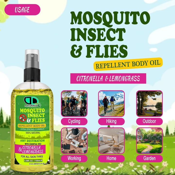 100% Natural Mosquito, Insect & Flies Repplent Body Oil with Citronella & Lamongrass Essential Oils, for All Body Types 100Ml Spray