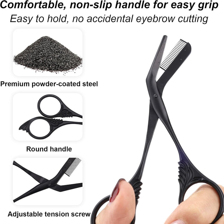 Professional Eyebrow Scissors, Stainless Steel Brow Shaper Grooming Scissors Precision Trimmer with Comb Black Non-Slip Trimming Sterile Scissor for Women Men