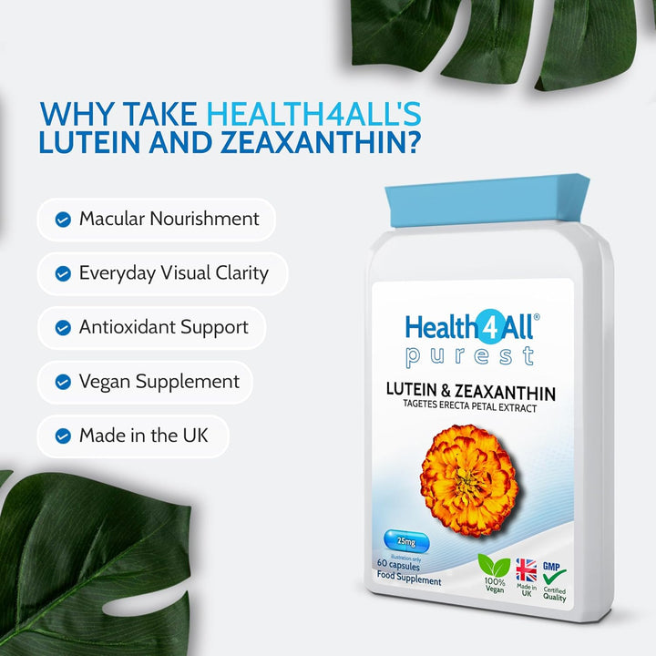 Lutein and Zeaxanthin Supplement 25Mg per Capsule, 60 Capsules 2 Months Supply, Purest Eye Health Marigold Extract Supplement, Natural Eye Vitamins for Vision Care & Floaters | Made in UK