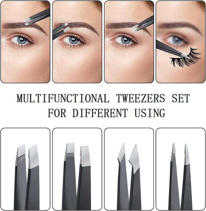 Tweezers for Facial Hair Women Professional Stainless Steel Precision Tweezers for Women & Men (4 Pack Black)