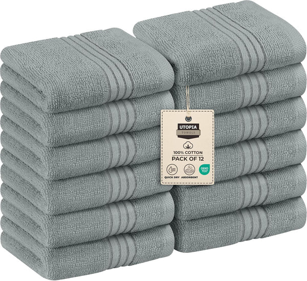 - 12 Pack Luxury Wash Cloths Set (30 X 30 CM) 100% Cotton Ring Spun, Highly Absorbent and Soft Feel Washcloths for Bathroom, Spa, Gym, and Face Towel (Cool Grey)