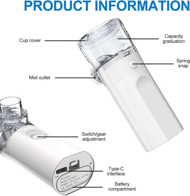 Nebuliser Machine for Adults and Kids, Rechargeable Portable Nebuliser, Handheld Ultrasonic Inhaler, Silent Nebulizer with 2 Masks, Handled Nebulizer for Home