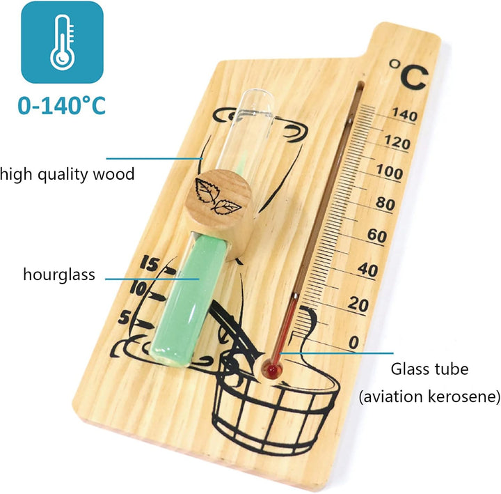 2 in 1 Sauna Thermometer Sand Timer Hourglass Wooden Thermometer Temperature Gauge Water-Proof 0-140 ℃