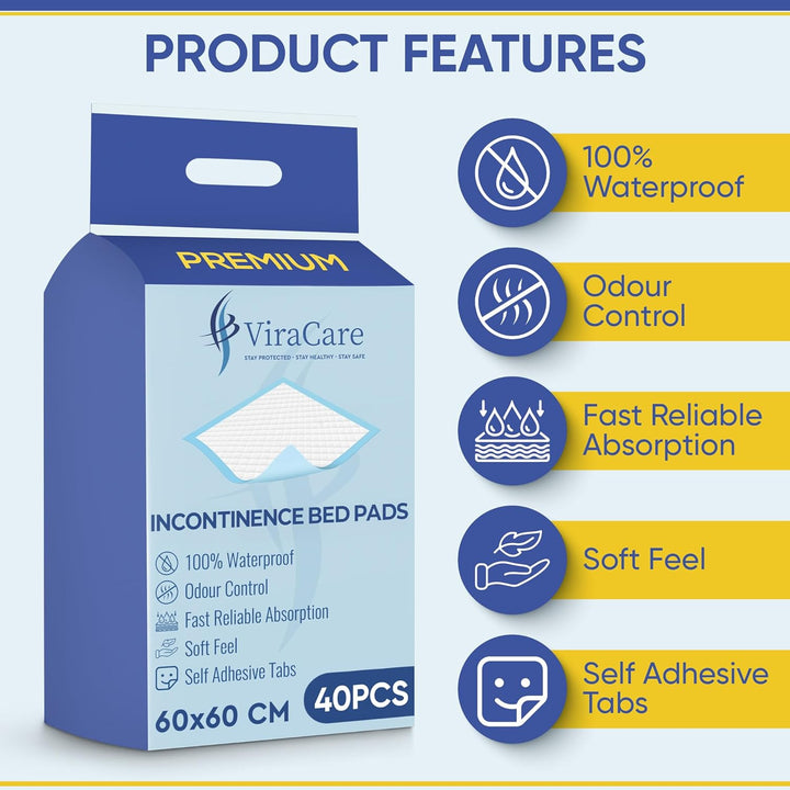 40 X Premium Incontinence Bed Pads | 60 X 60 Cm | Incontinence Bed Sheets | Disposable Mattress Protector | Self Adhesive Tabs | Absorbent Pads | (1 Pack of 40)