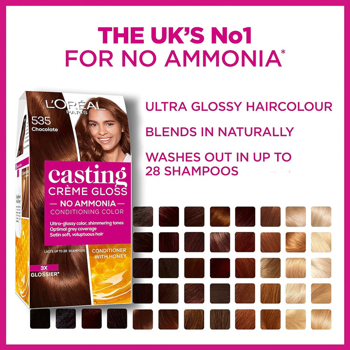 Casting Crème Gloss 400 Brown: a No-Ammonia, Semi-Permanent Hair Colour Lasting 32 Washes. Get up to 3X Glossier, 4X Silkier, Visibly Healthier Hair with This Natural and Radiant Brown Tone.