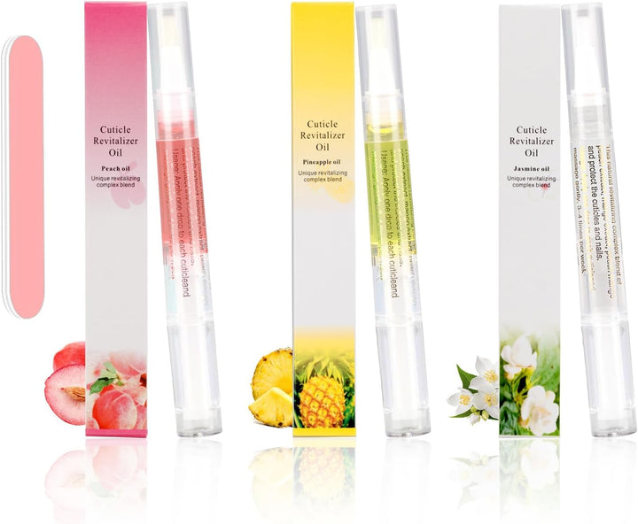 Cuticle Oil Pen,3Pcs Nutrition Oil Pen with Nail File,Cuticle Oil for Nails with Natural Ingredients,Nail Oil Cuticle for Repairing Cracked and Dry Nail(Pineapple & Peach & Jasmine Flavor)