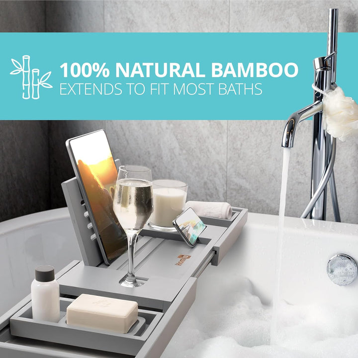 Bamboo Bath Tray - Extendable Bath Caddy - Natural Wooden Bathtub Tray with Candle, Wine Glass, Book Rest, Ipad & Phone Holder Stand - Luxury Bathtub Accessories - Bath Accessories (Grey)