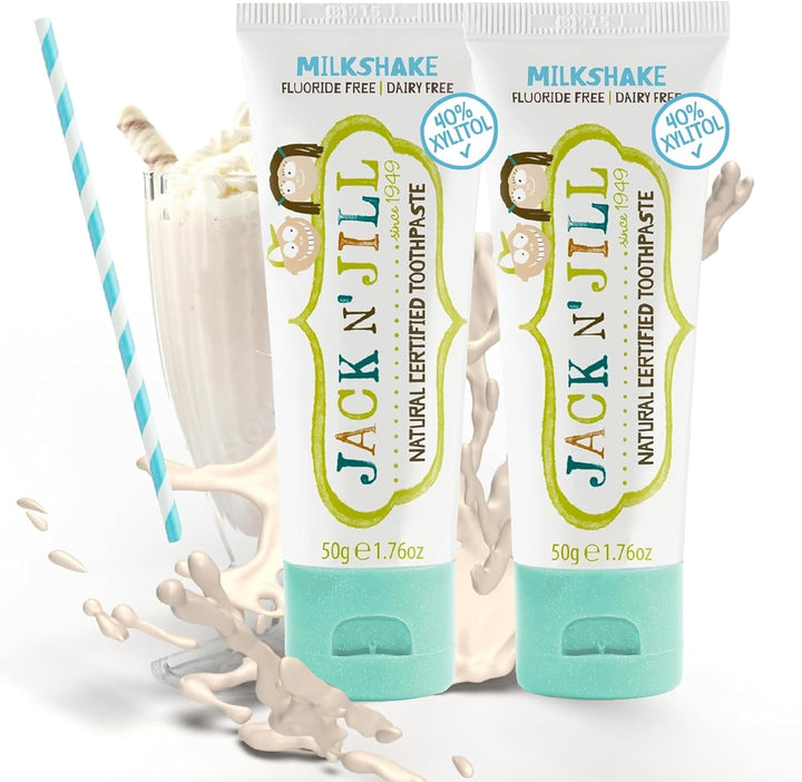 Jack N’ Jill Natural Certified Kids Toothpaste – Fluoride-Free Toddler & Baby Toothpaste with 40% Xylitol, No Sugar, Suitable from 6 Months+, Banana & Strawberry Flavour, Pack of 2 (50G Each)