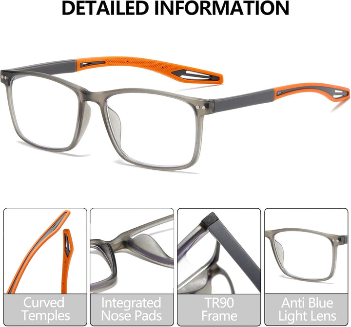 3 Pack Reading Glasses for Men Sporty Style Blue Light Blocking Square Frames Lightweight Comfortable Readers