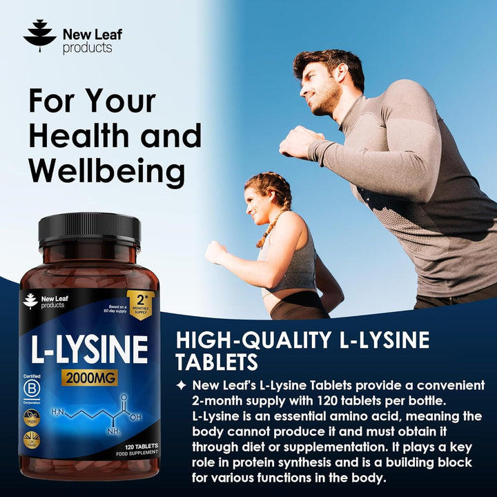 L-Lysine Tablets 2000Mg - High Strength Lysine Nutritional Supplements - Essential Amino Acid L Lysine - 120 Vegan Lysine Tablets 2 Month Supply Made in the UK by New Leaf