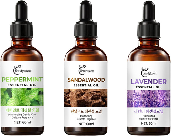 Pure Therapeutic Essential Oil Set - Lavender, Mint & Sandalwood,Aromatherapy Oils for Relaxation, Sleep&Stress Relief,Vegan Friendly, Gift for Massage & Diffuser Use,3X60Ml