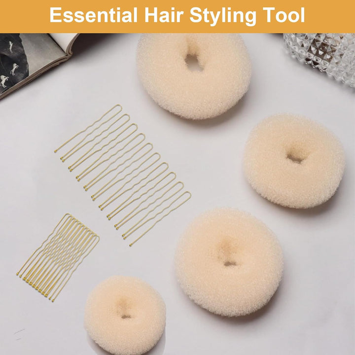 4 Pcs Ring Style Donut Bun Shaper with 20 Golden Hair Pins,Beige Donut Bun Maker,Hair Donuts,Shaper Set for Dancers, Ballerinas,Girls Etc and Daily Hairstyles Diy（Beige）