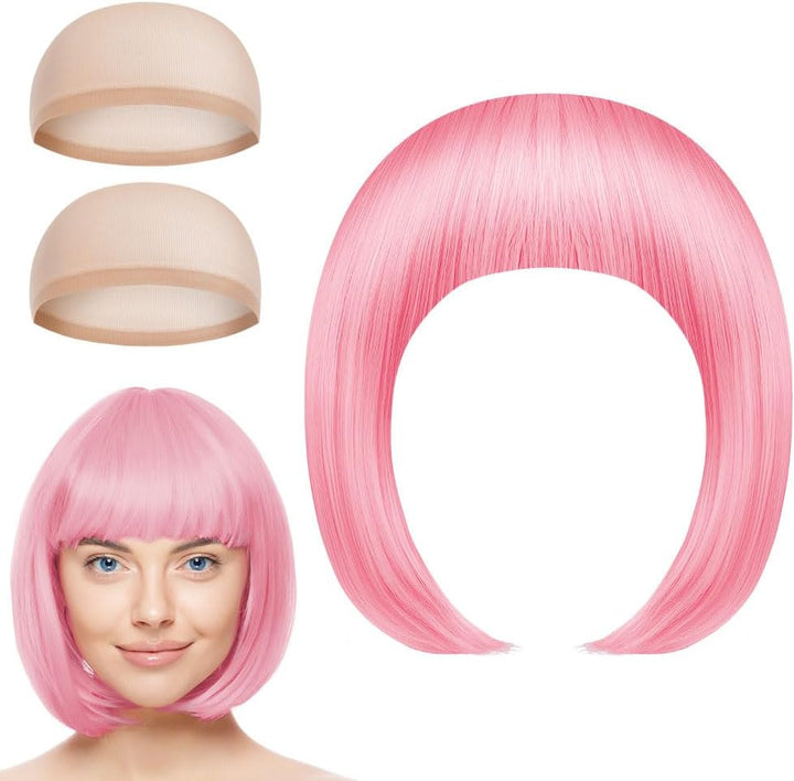 Pink/B Short Bob Wig for Women, 3 PCS, Synthetic Straight Wig, Heat Resistant, Modern Style, Perfect for Cosplay, Parties & Everyday Use