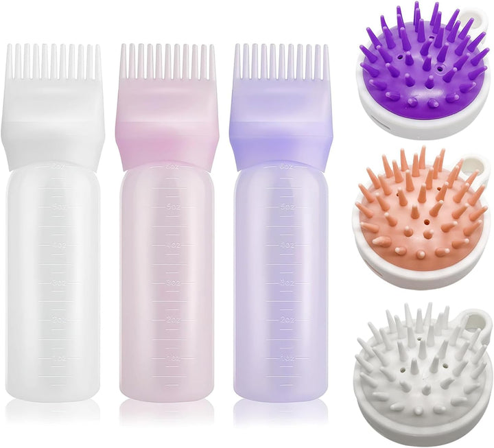 3 Hair Oil Applicator Bottle 3 Scalp Massager,Root Comb Applicator Bottle Graduated,Hair Dye Brush 120Ml,Hair Massager Scalp Shampoo Brush(Pink+White+Purple)