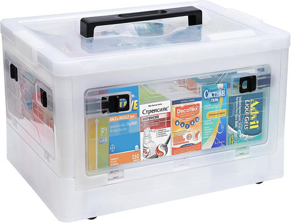 Extra Large Medicine Storage Box with Handles and Wheels, First Aid Box Clear Medicine Organiser with Removable Tray, Multipurpose Plastic Medication Storage Boxes