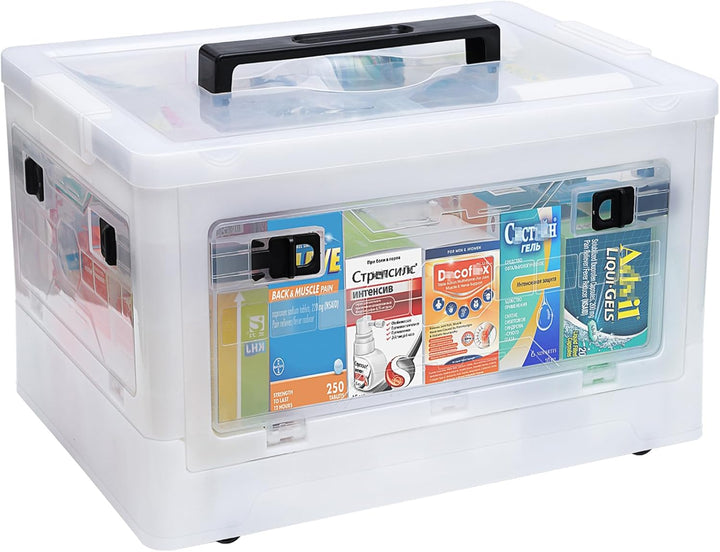 Extra Large Medicine Storage Box with Handles and Wheels, First Aid Box Clear Medicine Organiser with Removable Tray, Multipurpose Plastic Medication Storage Boxes