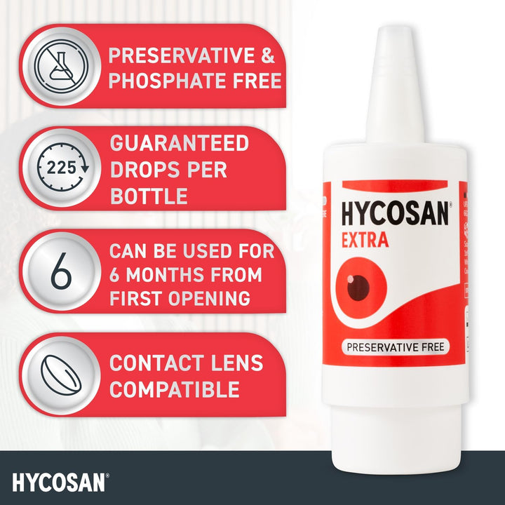 Hycosan Extra - Twin Pack - Eye Drops with Hyaluronic Acid for Soothing Relief of Severe and Persistent Dry Eyes - Contact Lens Compatible - Preservative Free - 2 X 225 Measured Doses