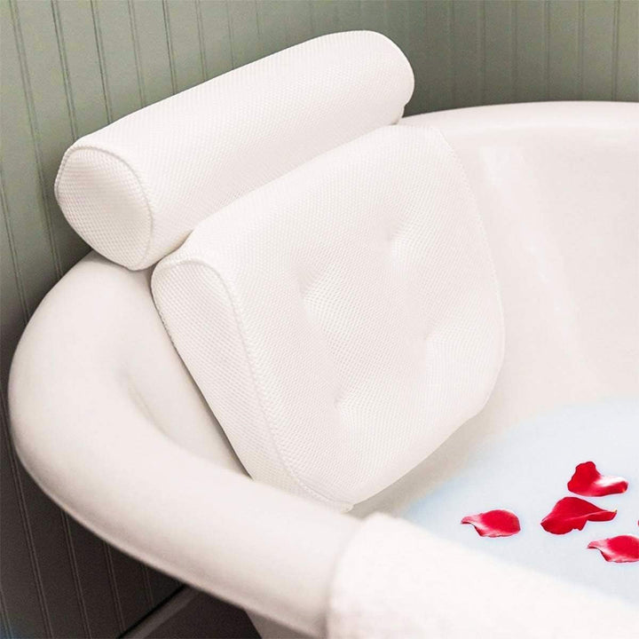 ®Bath Pillow - Extra Thick and Soft with Strong Suction Cups, Bath Pillow for Head and Neck with 3D Air Mesh Quality Comfort & Built-In Hook for Easy Drying & Storage (White)