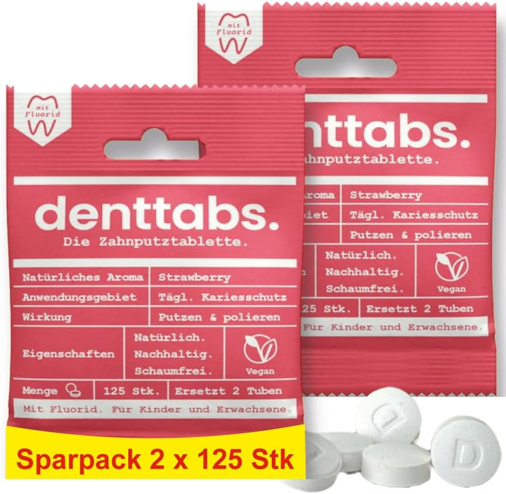 Strawberry Teeth Cleaning Tablets with Fluoride – Pack of 125, Natural Toothpaste Tablets for Adults & Kids, Vegan & Eco-Friendly, Cavity Prevention