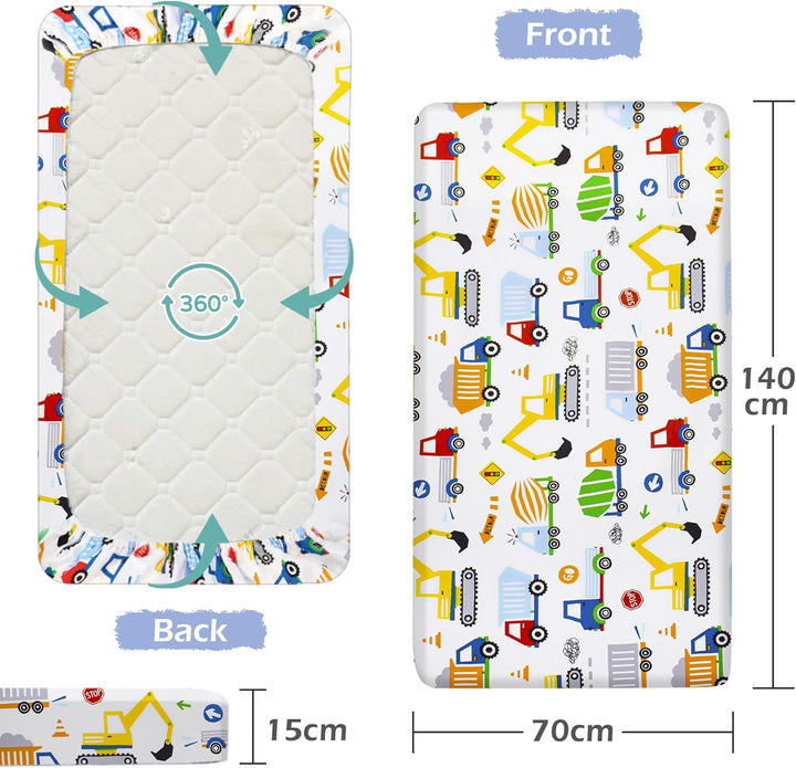 2 Pack Cot Bed Fitted Sheets 140 X 70Cm for Girl Boys | Bedding for Cot Bed | Easy Care Soft Cotton and Dureable, Unique Car & Dinosaur Pattern Baby Crib Sheets