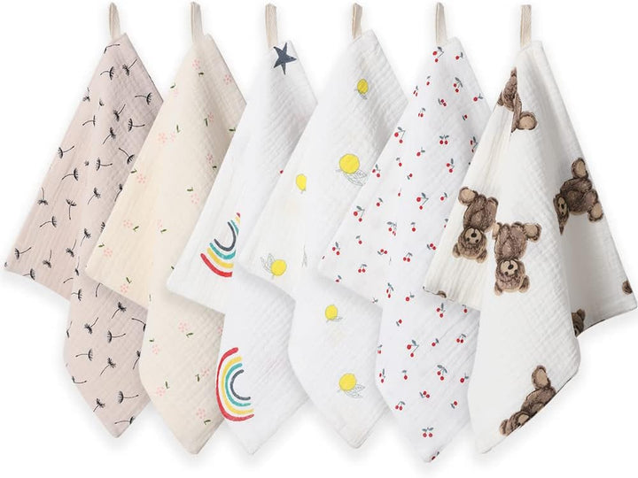 Baby Washcloths Muslin Cloths - Muslin Squares Hanky Soft Reusable Newborn Face Towels 6Pack 100% Cotton 10"X10" 6Layers Baby Wash Cloths for Boys Girls Great Shower Gift