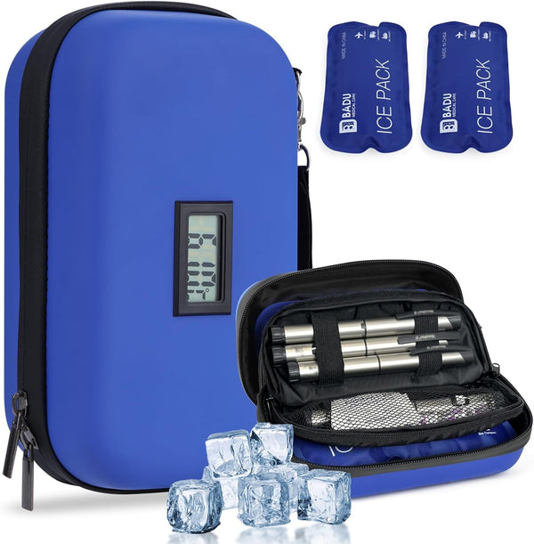 Insulin Cooler Travel Case TSA Approved Refrigerated Medicine Cooler for Travel W/Thermometer Temperature Diabetic Travel Case W/2 Reusable Ice Packs for Daily Life Trip, Blue