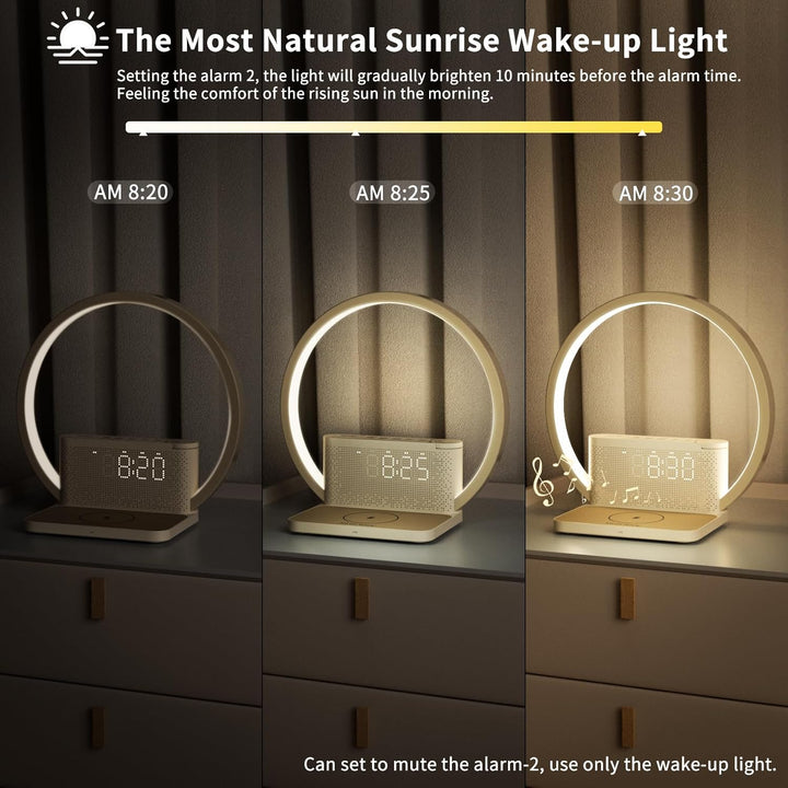 Bedside Lamp, Wake-Up Light, 10 Watt Wireless Charger, Touch Dimmable Table Lamp, Sunrise Alarm Clock, 3 Levels of Brightness, Soothing Sound, Bedroom Sleep Aid for Babies & Adults