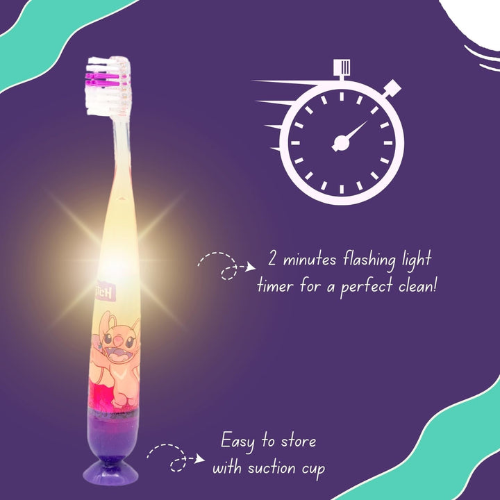 Disney Stitch Flashing Toothbrush for Kids with 2 Minute Flashing Light, Comfortable Handle Grip, Soft Rounded Bristles and Suction Cup for Upright Storage for Children Ages 3+