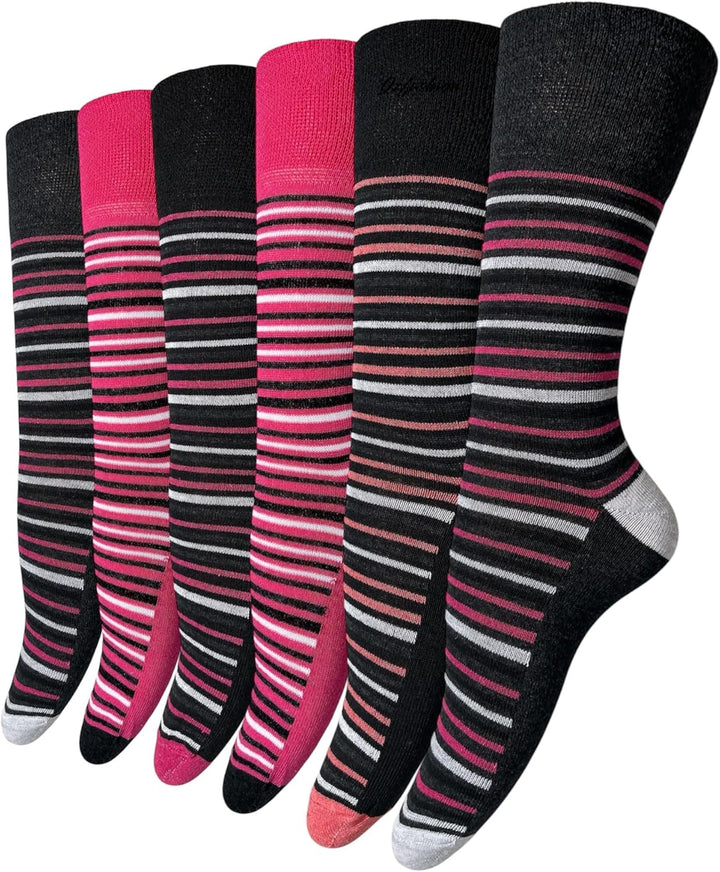 6 Pairs Ladies Loose-Top Non-Elastic Socks, (Pack of 6) COTTON, Bright Colours Diabetic Socks UK Size 4-7, EUR Size 37-42