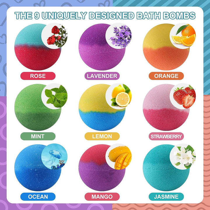 Bath Bombs Gift Set, Vegan & Cruelty Free, Ideal Present for Women, Girls, Birthday Mothers Day Gifts Idea, 9-Pieces Handmade Fizzy Bubble Bath Bombs