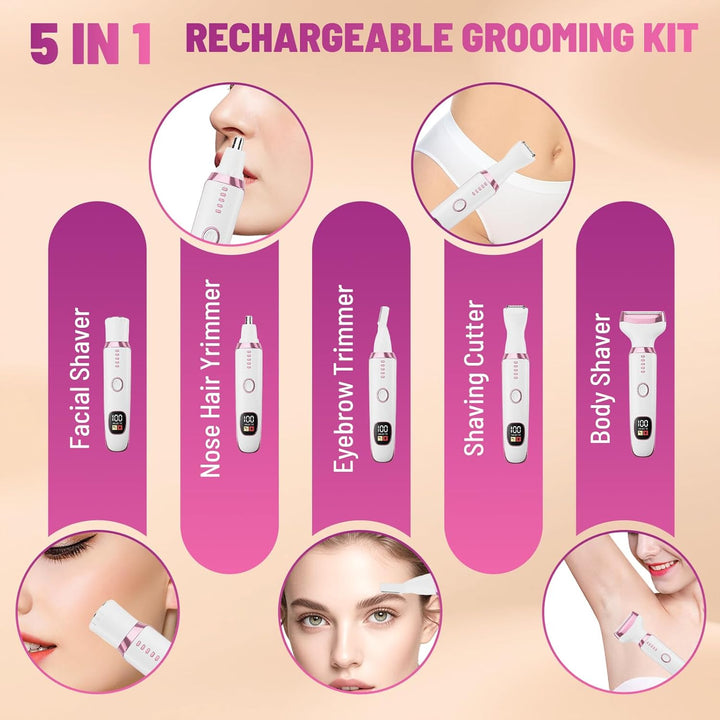 Lady Shaver for Women,Cordless 5 in 1 Electric Shaver for Women, Bikini Trimmer/Pubic Hair/Underarm Razor/Nose/Facial/Eyebrow Remover,Rechargeable Painless Razors Electric for Ladies
