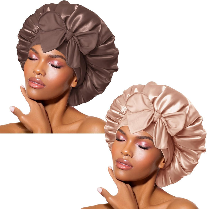 Silk Bonnet for Sleeping for Curly Hair, Satin Bonnet Hair Wrap for Women & Men, Adjustable Silk Scarf Night Cap with Tie Band, Champagne
