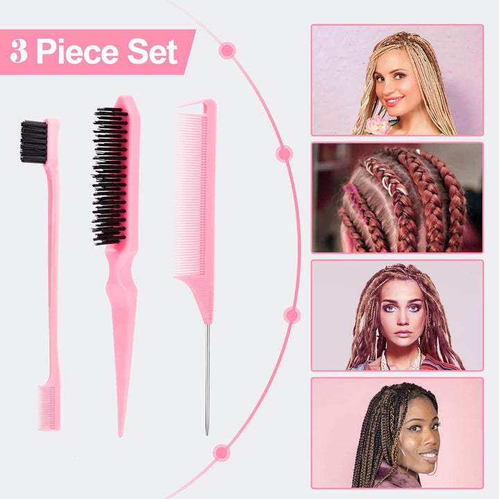 3 Pcs Slick Back Hair Brush Set with Edge Brush, Bristle Brush, Rat Tail Comb, Teasing Brush Set for Smoothing Baby Hair & Flyaways - Pink