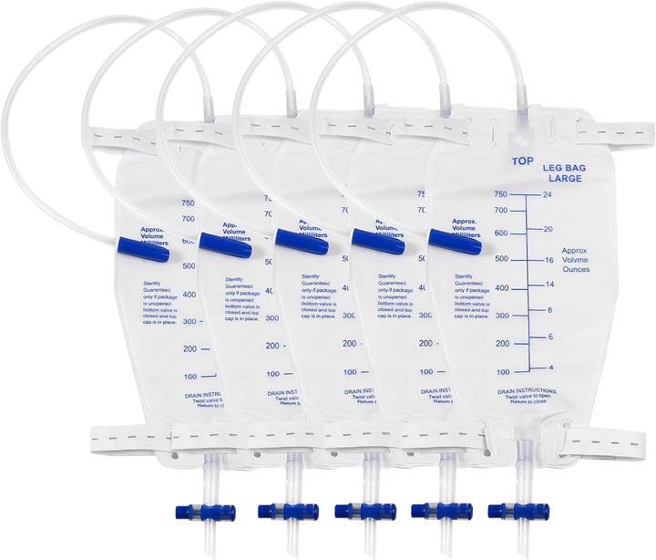 5Pcs 750ML Urinary Drainage Bag, Urine Bag with anti Reflux Chamber, Urine Drainage Bags with T-Tap Valve and 45Cm Tube, Individually Sealed Urinal Night Bags (750, 5)
