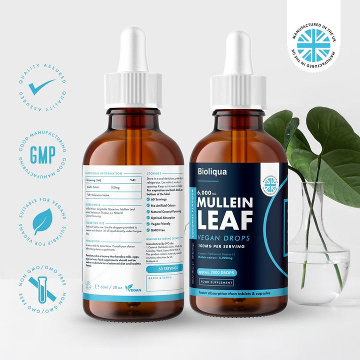Mullein Leaf Liquid Drops - 60Ml - 2 Month Supply - High Strength - Vegan - 60 Servings - Premium Mullein Leaf Extract - 6,000Mg per Bottle - Fast Absorption - UK Made by Balance (1X Pack)