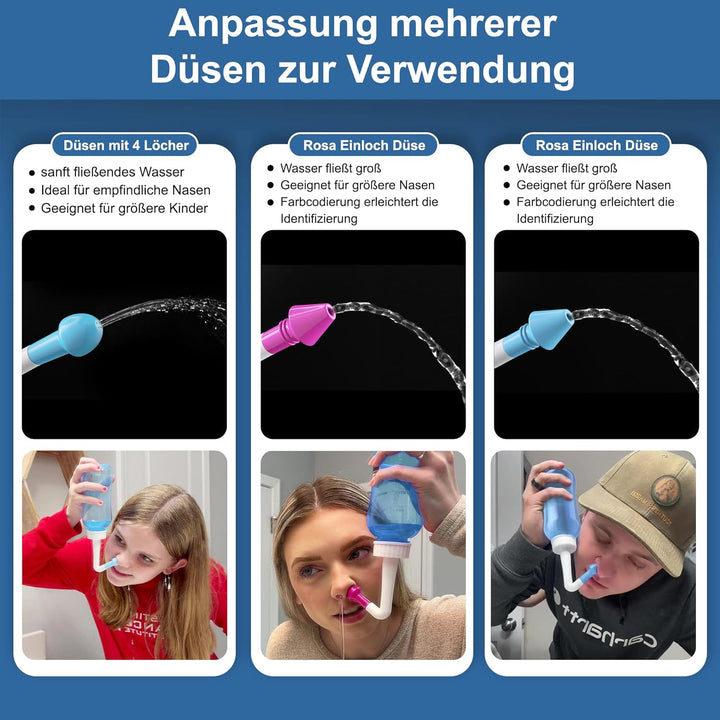 Neti Pot Sinus Rinse Bottle Nose Wash Cleaner Pressure Rinse Nasal Irrigation for Adult & Kid BPA Free 300 ML with Nasal Wash Salt Packets and Sticker Thermometer(Cyan Blue)