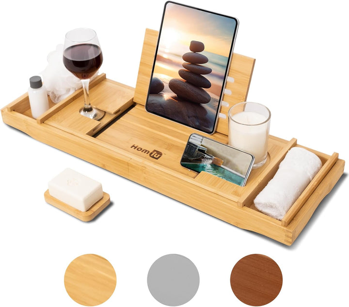 Bamboo Bath Tray - Extendable Bath Caddy - Natural Wooden Bathtub Tray with Candle, Wine Glass, Book Rest, Ipad & Phone Holder Stand - Luxury Bathtub Accessories - Bath Accessories (Grey)