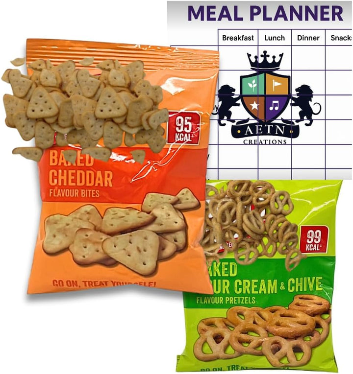 Crisps Variety Snack Pack – 12 Bags (6X Cheddar Bites & 6X Sour Cream and Chive) – High Protein Slim Fast Style Snack Bundle with AETN Meal Planner Guide