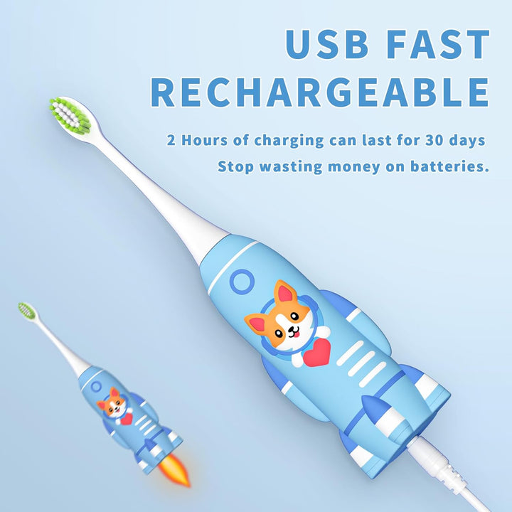 Kids Electric Toothbrushes U Shaped - Rechargeable Rocket Toothbrush, Electric Toothbrushes for Boys Age 7-14 2 Mins Timer, 6 Modes, 4 Brush Heads.