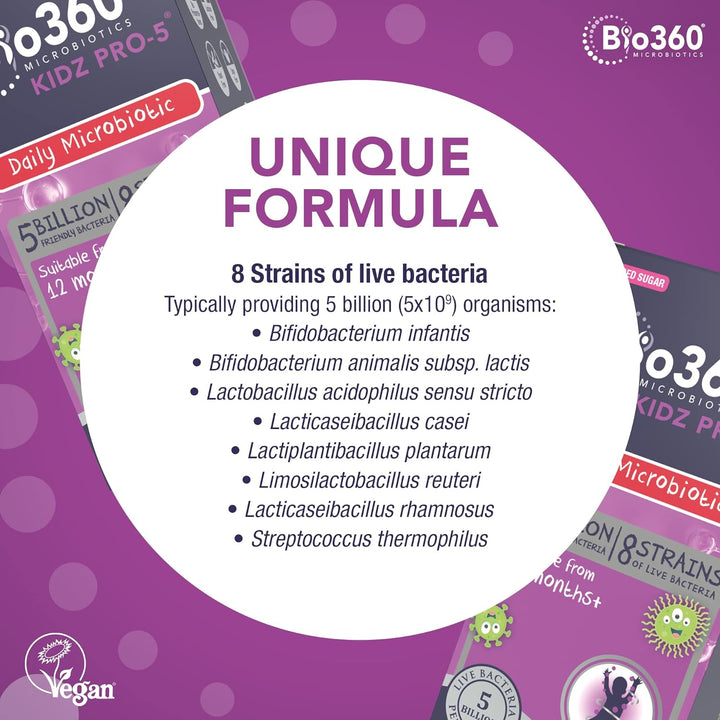 Bio360 Kidz Pro-5 Daily Microbiotic Powder 90G for Children 12 Months to 12 Years - 5 Billion Friendly Bacteria - Supports Digestive Health & Immunity Sugar Free Vegan Non-Gmo Gluten-Free