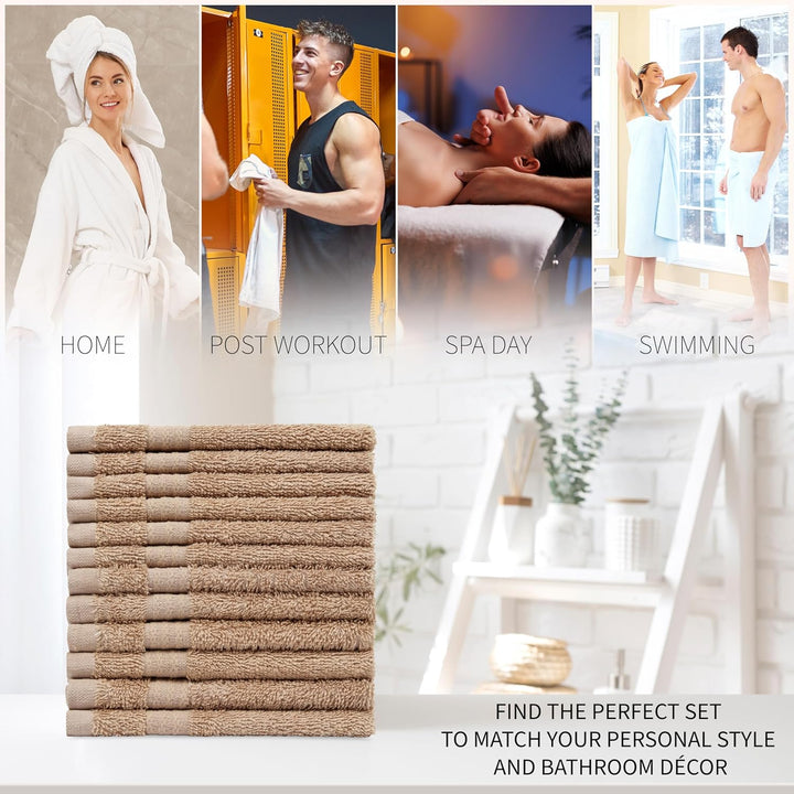 Flannels Pack of 12 Face Towels 100% Cotton 550 GSM 30X30Cm Highly Absorbent Soft Wash Cloth Household Essentials (Brown - 12 Pack)