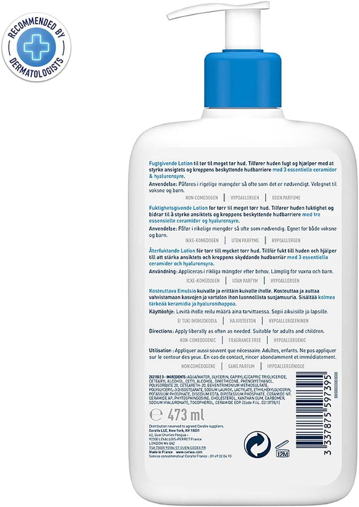 Moisturising Lotion, Daily Face & Body Moisturiser, with 3 Essential Ceramides & Hyaluronic Acid, for Dry to Very Dry Skin, 473 Ml/16 Oz
