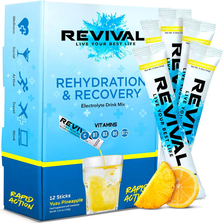 Revival Rapid Rehydration Electrolytes Powder - High Strength Vitamin C, B1, B3, B5, B12 Supplement Sachet Drink, Effervescent Electrolyte Hydration Tablets - 12 Pack Assorted Flavours