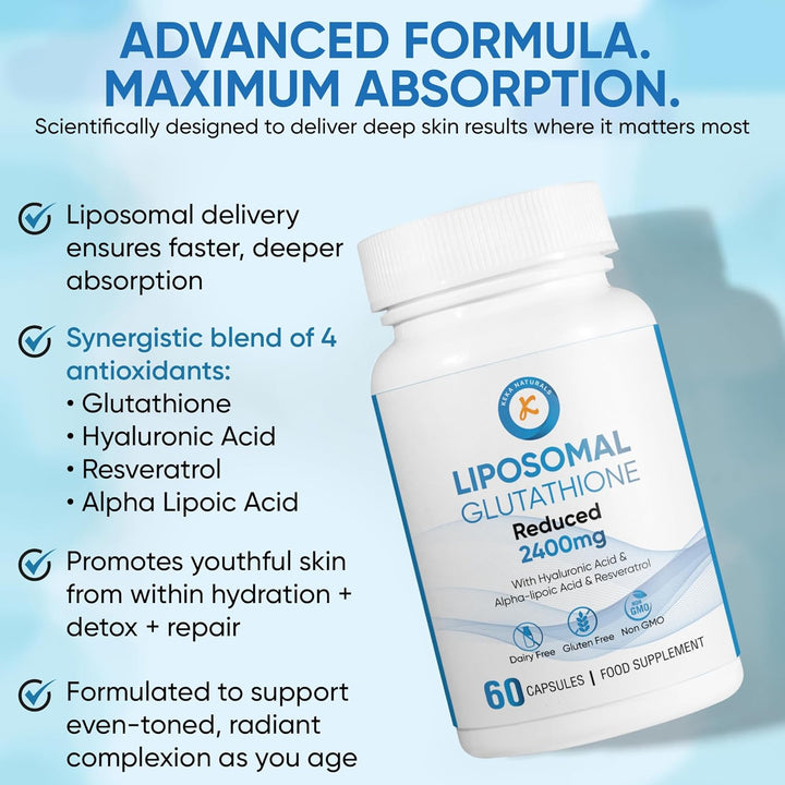 Liposomal Glutathione 2400Mg, with Hyaluronic Acid, Resveratrol, Active Form L-Glutathione Reduced (GSH) Max Absorption, 60 Capsules
