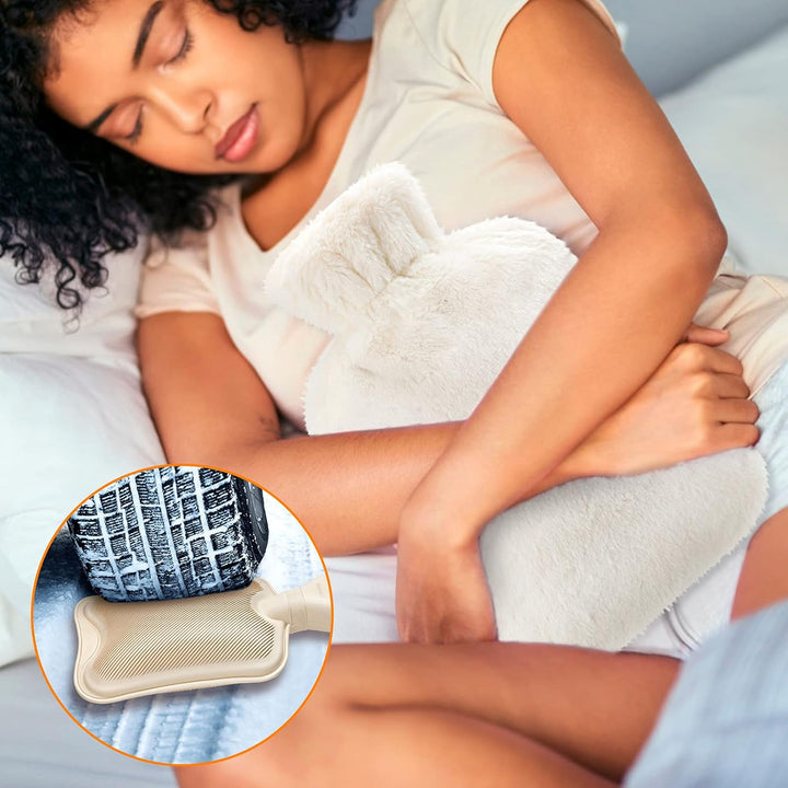 Hot Water Bottle with Fleece Cover, 2L Bag for Cold & Hot Therapy, Fluffy for Back Neck Pain Relief for Adult Kids