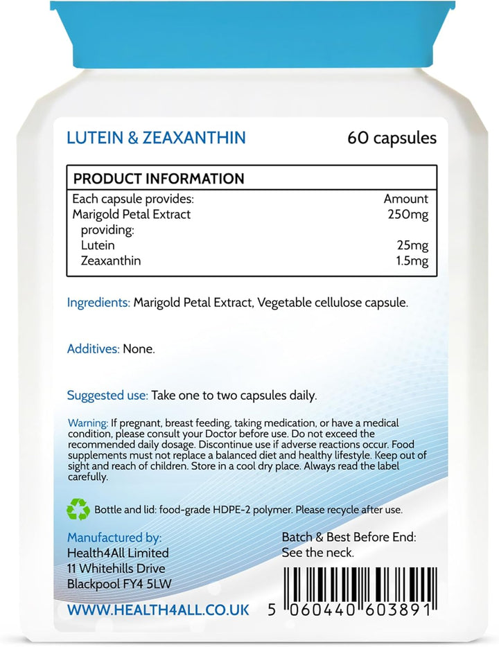Lutein and Zeaxanthin Supplement 25Mg per Capsule, 60 Capsules 2 Months Supply, Purest Eye Health Marigold Extract Supplement, Natural Eye Vitamins for Vision Care & Floaters | Made in UK