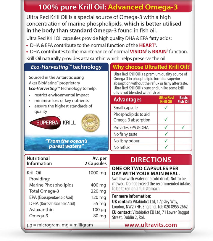 Red Krill Oil Nutritional Supplement Capsule with Omega 3-9 Fatty Acids DHA EPA Astaxanthin for Heart Brain and Eye Vision Support from Antarctic Marine Phospholipids