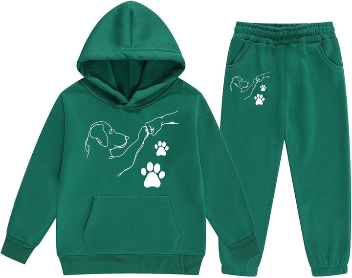 Girls Casual Hooded Tracksuit with Cute Cartoon Fist Bump Print and Drawstring Pockets for Autumn Winter Season